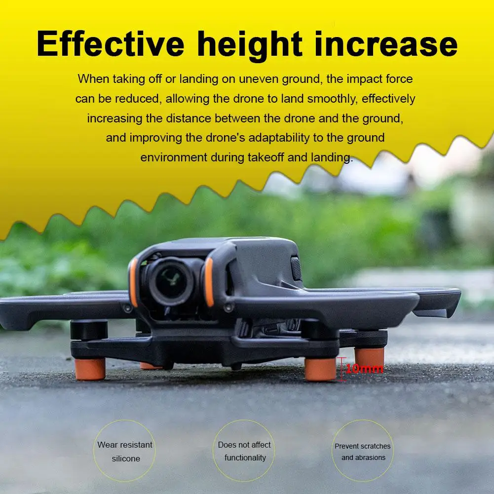 Coussinet de pied en silicone installé sous le drone DJI Avata 2, illustrant la stabilité accrue lors des atterrissages.