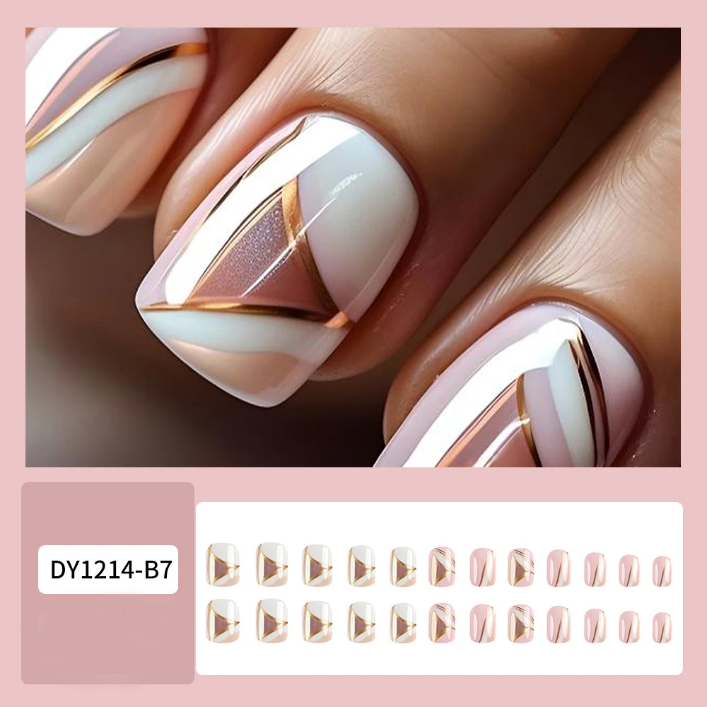 24 Stück/Set kurze quadratische künstliche Nägel, modische geometrische Nagelspitzen, blaue Ozeanwelle, Streifen, Glitzerblumen, zum Aufdrücken falscher Nagelkunst-Set – Detail 14