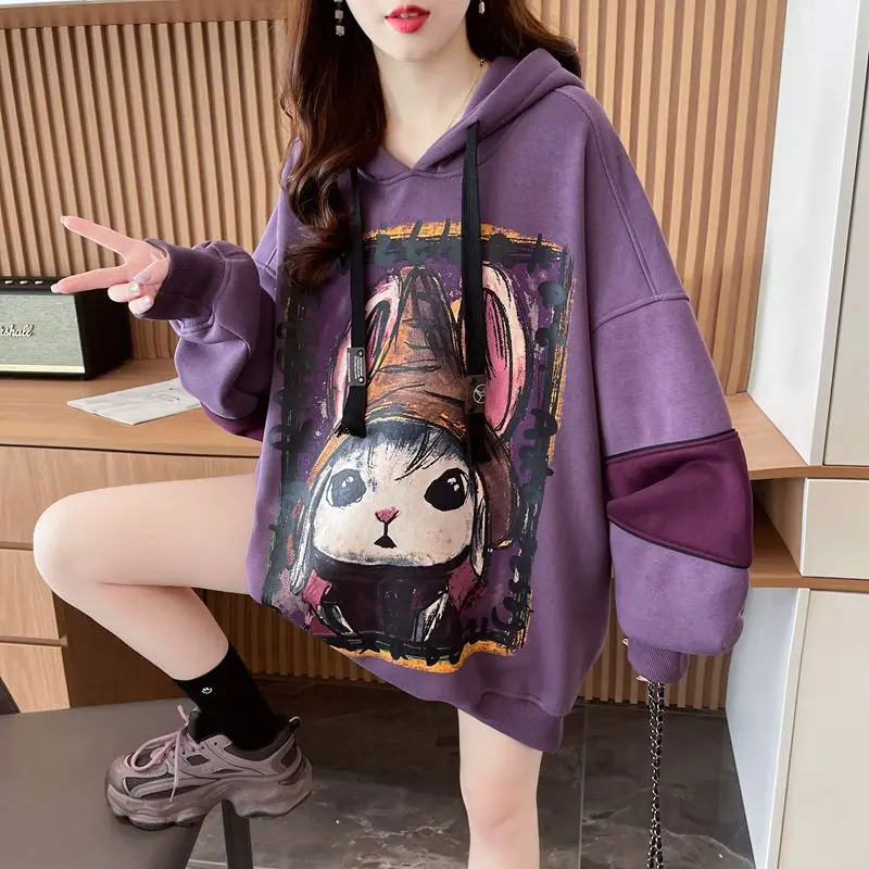 Funny Cute Bunny Print Oversized Hoodies Pullover Long Sleeve Women Hooded Sweatshirt  Hoodie Autumn And Winter