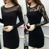 Spring Autumn plus Size Lace Base Skirt Wrap around Slimming Women's Midi Dress Netting Splice Long Sleeve One Shoulder Design
