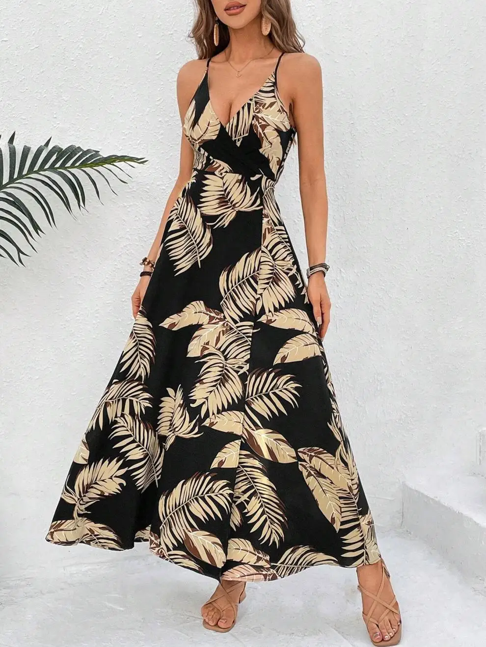 Fashion Flower Print Spaghetti Strap Dresses Women Sexy V-neck Backless Slit Long Dress Bohemian Style Vacation Beach Vestidos