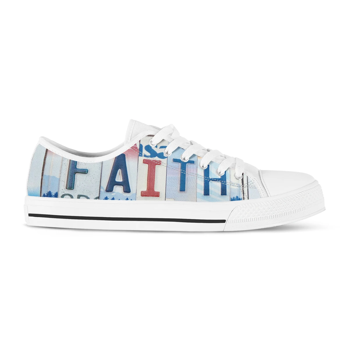 License Plate Faith Print Canvas Shoes Soft Bottom Square Low Top Flat Shoes Black White Women's Custom Shoes