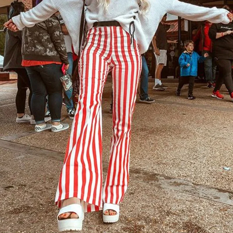 2021 Women's Stripe Camping High Waist Thin Casual Harem Pants Female New Arrival Fashion Casual Retro Print Flare Pants Korean new arrival summer women harem pants all matched casual cotton denim pants elastic waist 6xl size yellow white jeans