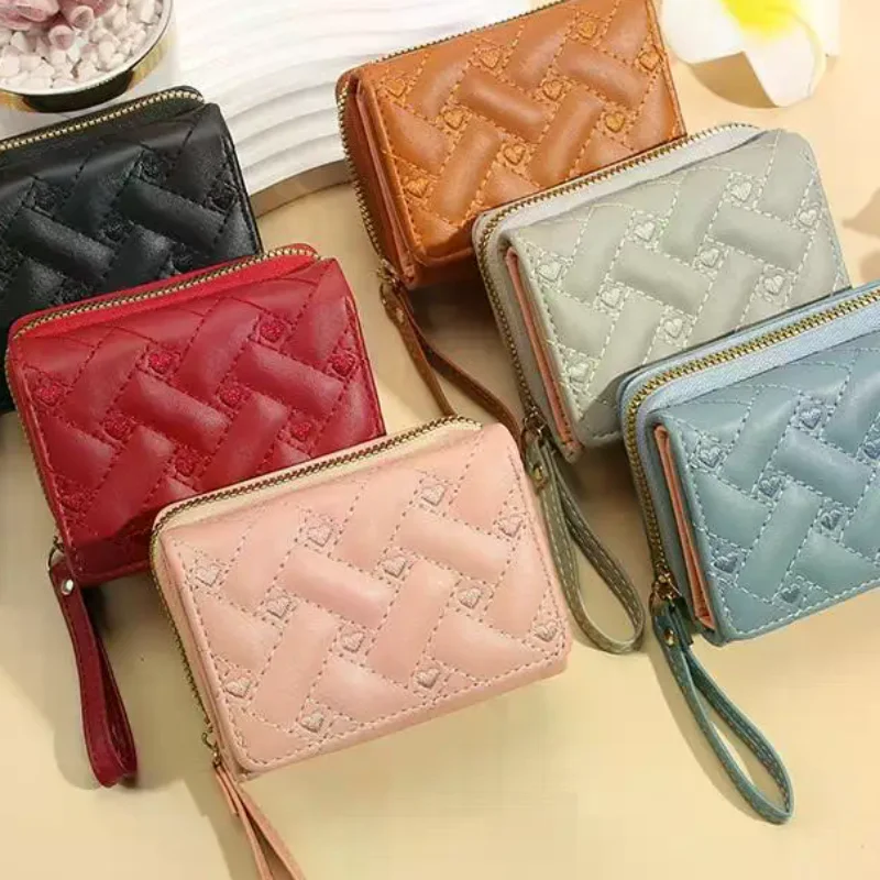 Women's Wallet Tri Fold Card Bag PU Multi Objects Pocket Short Fashion Embroidered Love Pattern Korean Minimalist