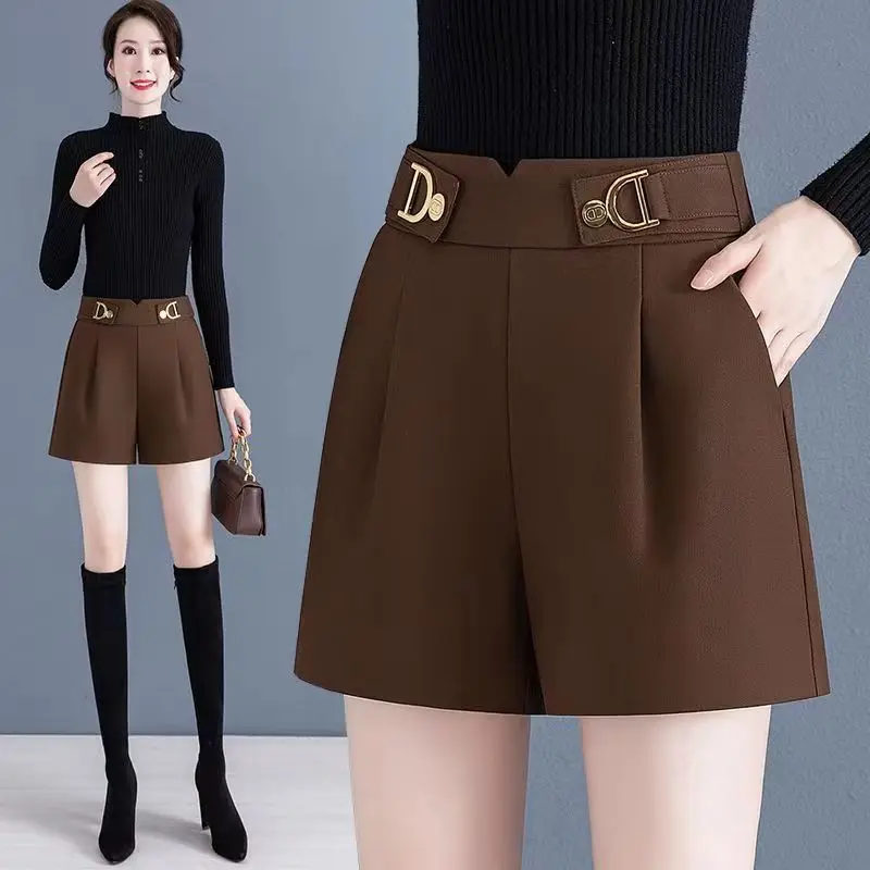 Spring New High Waist Loose Wide Leg A-line Shorts Women Solid Pockets Simple Fashion Korean Versatile Outwear Casual Suit Pants