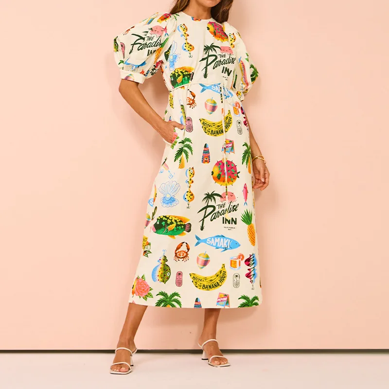 

High Quality 2024 New Women Printed Bubble Sleeve Pocket Belt Mid Length Elegant Dress Bohemian Retro Dress Vestidos Streetwear