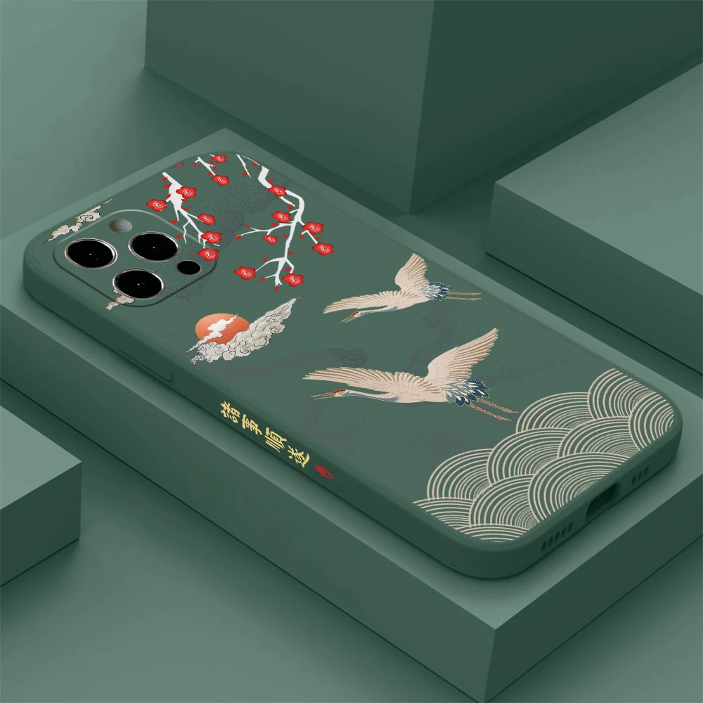 Elegant Chinese Crane Design Soft Phone Case - Straight Edge Cover