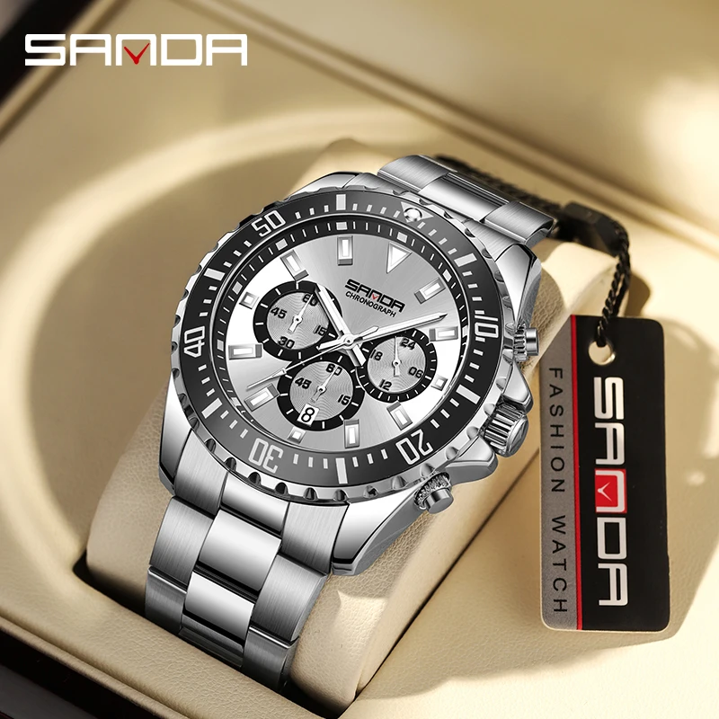 

SANDA 2023New Steel Band Calendar Men's Quartz Watch 5306 Simple Three Eyes Six Needle Green Water Ghost Fluorescent Men's Watch