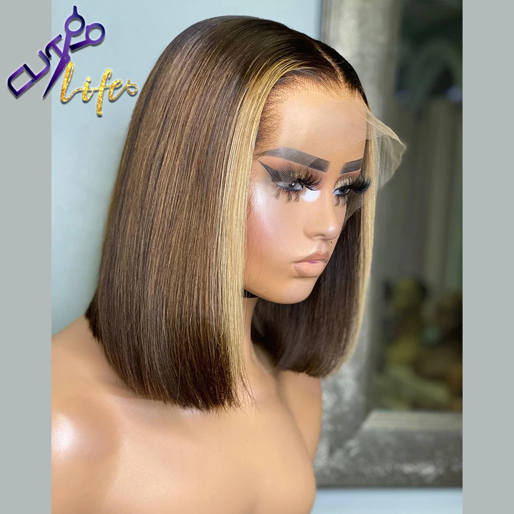 Highlight Short Bob Straight Lace Front Wig Human Hair Lace Closure Wig Remy Brazlian Hair Natural Preplucked With Baby