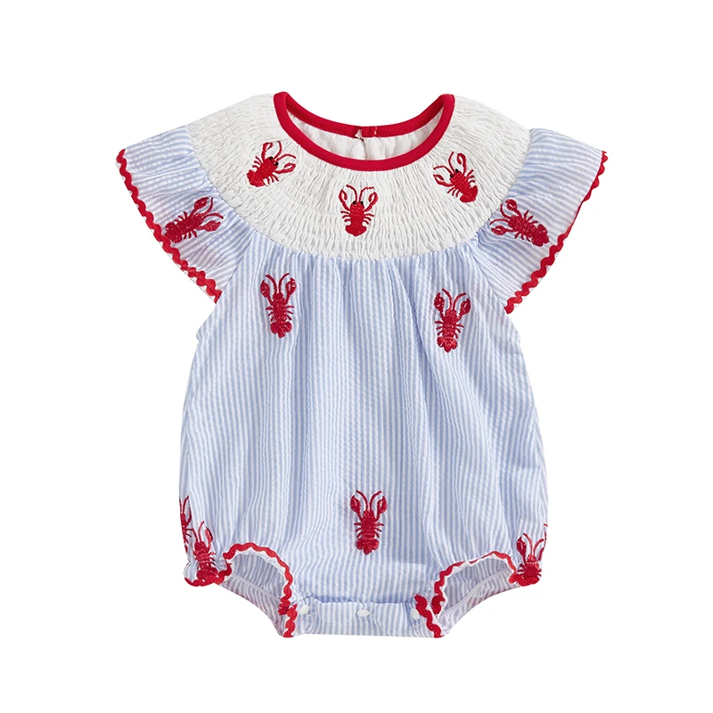 Newborn Infant Baby Girl Smocked Bubble Summer Sleeveless Striped Crawfish Embroidered Romper 1