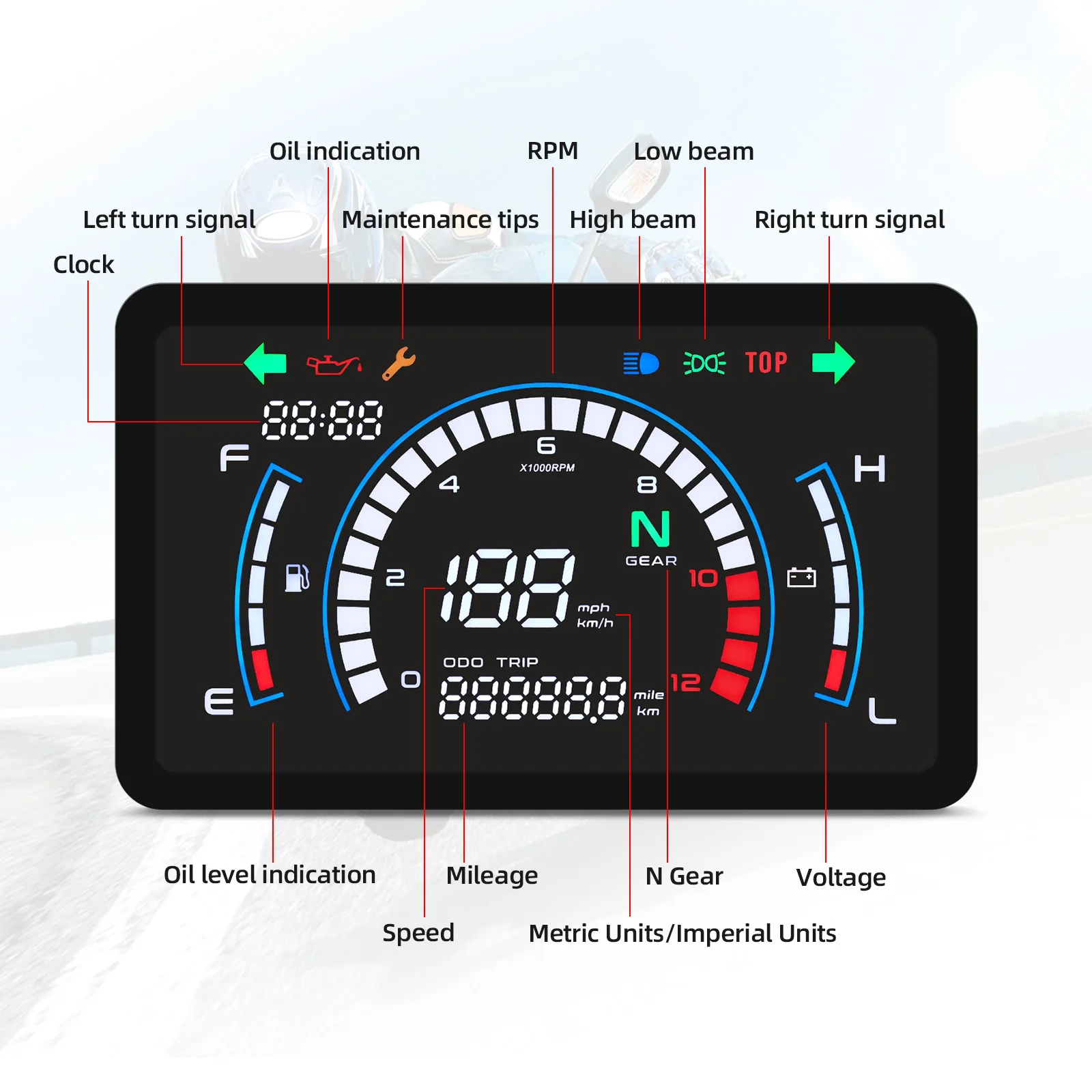 Motorcycle Digital Speedometer Voltage Fuel Gauge Motorbike Dashboard Full Digit