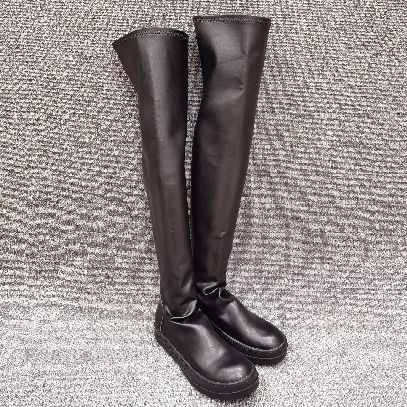 

Classic Leather Women Long Boots Stretch Over-the-knee Hand-made Knight Boots Sexy Flat Black Women Boots with Large Size Spring