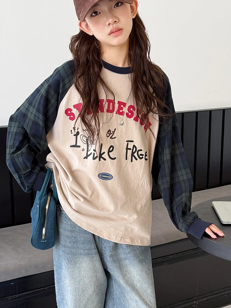 Langarm-T-Shirt für Mädchen, 2025, neuer Herbst, Kinder-Oberteil mit Raglanärmeln, große Kinder, Herbst-Winter, kariertes Patchwork, Basisschicht – Detail 7