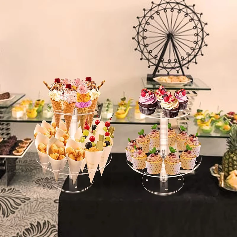 16/24 Holes Acrylic Ice Cream Stand Wedding Party Ice Cream Cone Holder Double-Layer Cupcake Popcorn Rack Buffet Display Stand 2