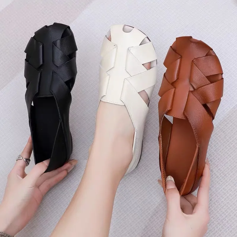 

New criss-cross real leather flats woman summer slipper moccasins ladies hollowed loafer women's closed toe soft wide fit shoes