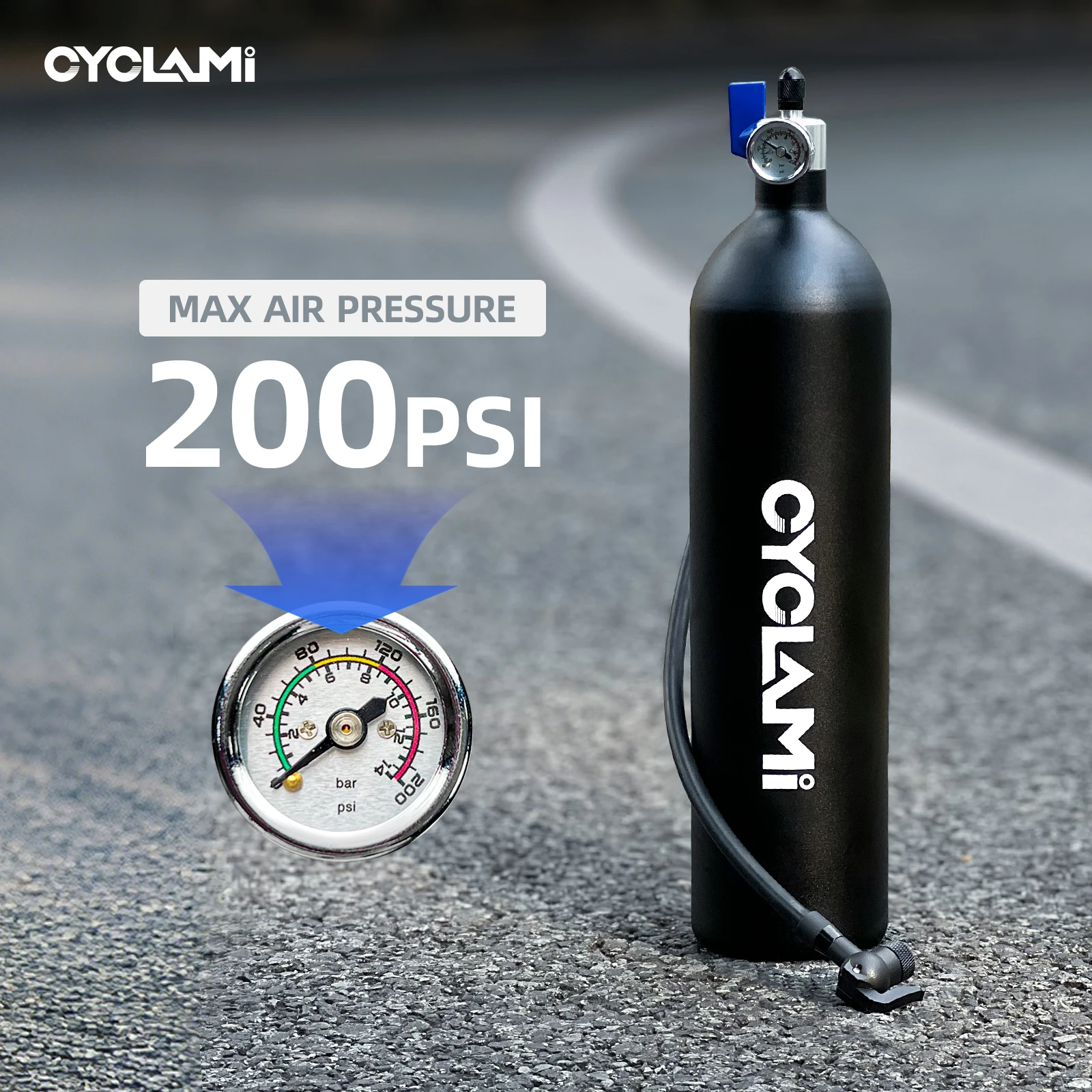 CYCLAMI 자전거 튜브리스 타이어 공기 주입기 에어 캐니스터 200 PSI 고압 압축 공기 탱크 (압력계 포함) 로드 MTB 타이어용