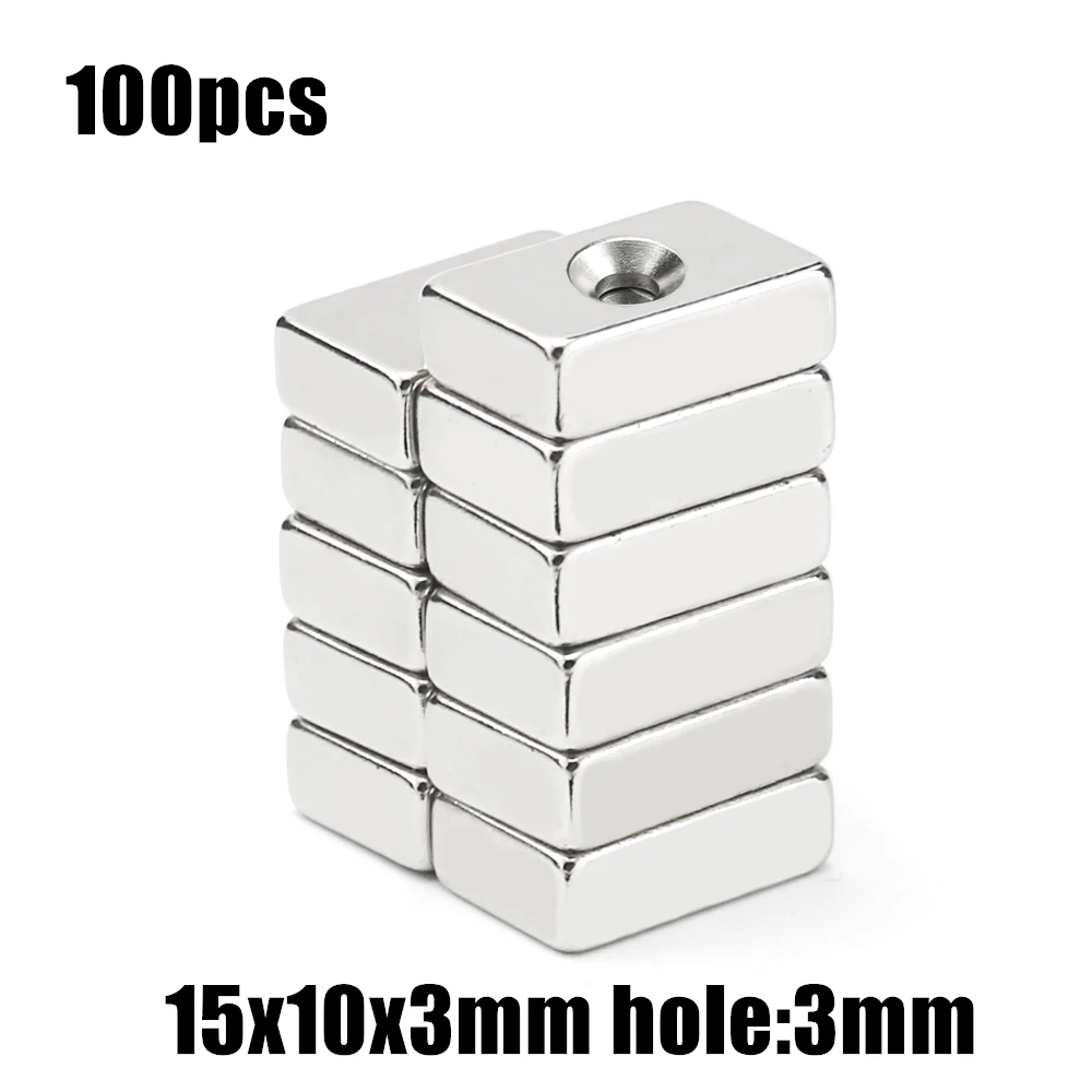 

100pcs 15x10x3mm hole:3mm Block NdFeB Neodymium Magnet N35 15x10x3-3 mm Super Powerful Permanent Magnetic