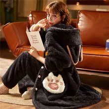 Autumn And Winter Ladies Flannel Long Nightgown Cardigan Hooded Coral Fleece Home Service Cartoon Pajamas Two-Piece