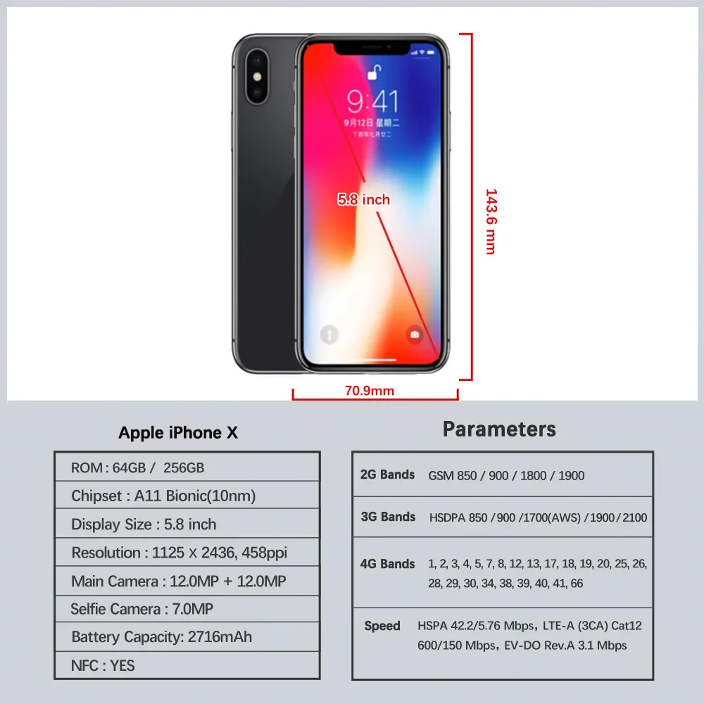 Original Apple iPhone X Face ID 64GB/256GB ROM 5.8
