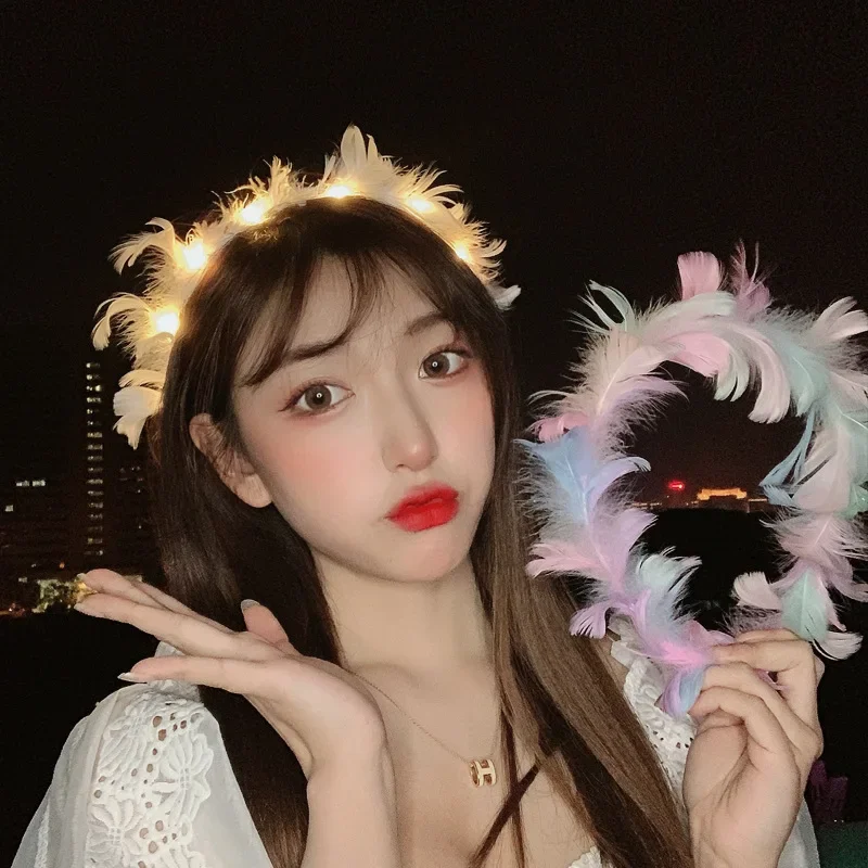 LED Feather Wreath Crown Headband Bunny Ears Headband for Women Wedding Christmas Glow Party 15cm glow headband luminous hair bands