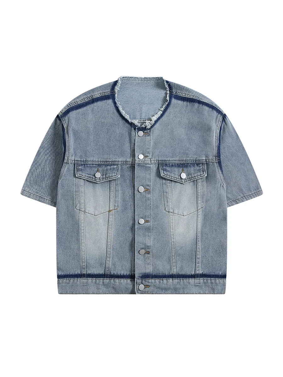 Men's High Street Shoulder Pads Raw Edges Short-sleeved Denim Shirt Trendy Summer Hip Hop Handsome Personalized Casual Loose Top