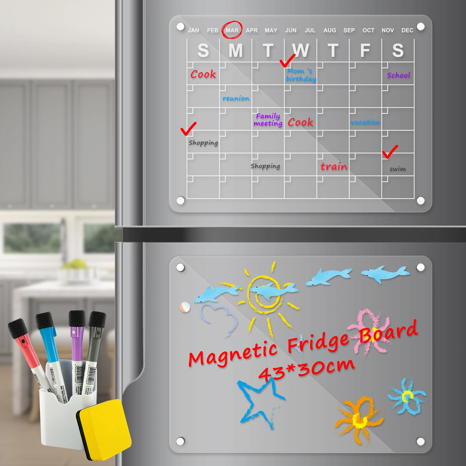 

New Acrylic Magnetic Calendar Set with 4 Markers Pen Holder Reusable Magnetic Dry Erase Board Clear Acrylic Fridge Board