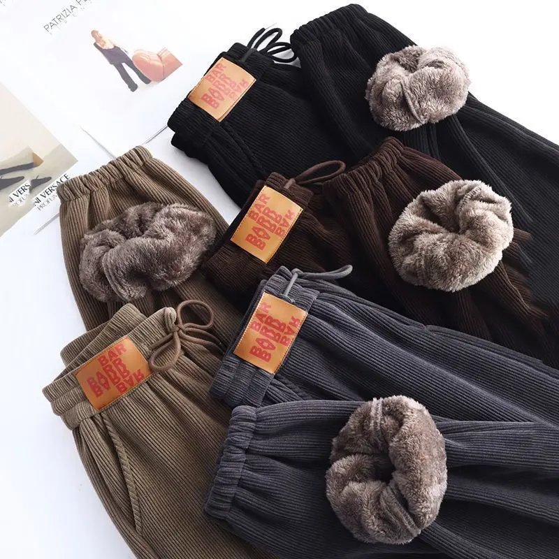 Women Warm Lambwool Sweatpants 2024 Korean Fashion Drawstring Wasit Winter Trousers Ladies Vintage Fleece Lined Harem Pantalones