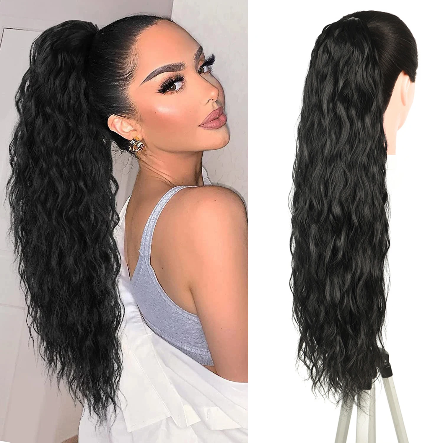 

Synthetic Long Curly Ponytail Extensions for Women Blonde Black Wrapped Hairpiece Drawstring Ponytail Clip-In Hair Extension