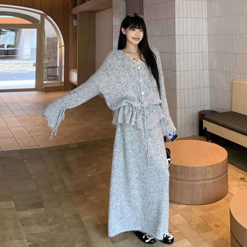 임산부를 위한 한국 스타일 루즈핏 투피스 수트, 겨울 컬렉션 슬리밍 오픈 가디건 스웨터와 미니스커트