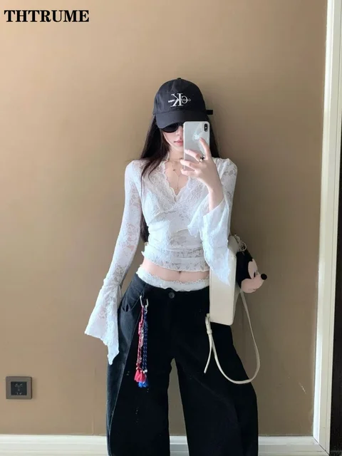 Sexy V-Neck Sheer T-Shirts Fashion Women Flare Long Sleeve Spring Lace Slim Pullovers Tops Casual Evening Party Club Chic Tees 4