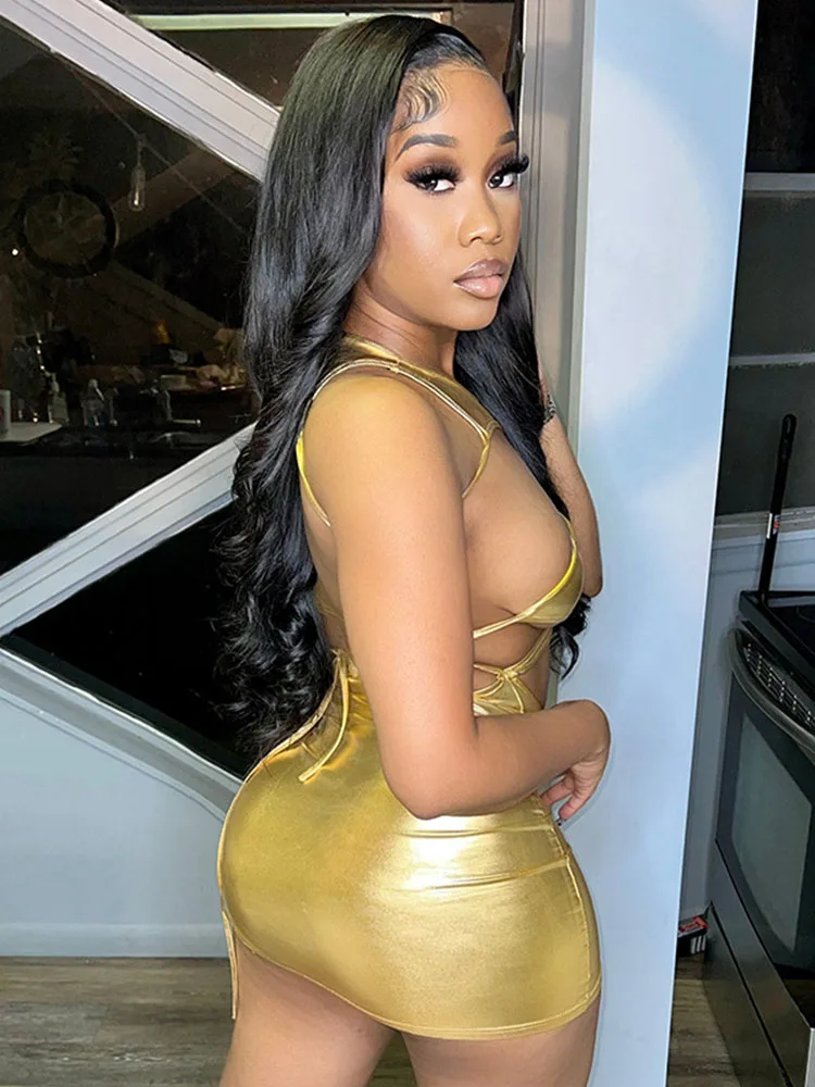 Hollow Out Bodycon Dress For Women Y2k Clothes O-Neck One-Pieces Sexi Night Dress Hot Club Outfit Metallic Mini Vestido De Mujer
