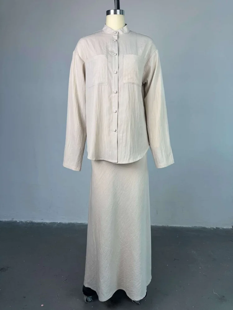 Wmstar Two Piece Set Women Wholesale 2025 Summer New Solid Color Loose Long Sleeved Shirt High Waisted Skirt Fashion Sets