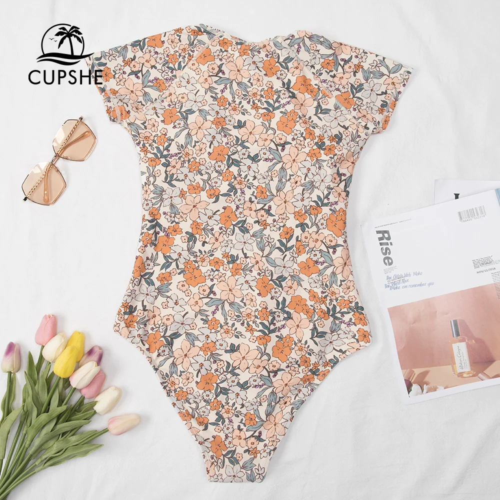 Cupshe Ditsy Zipper Short Sleeve One-Piece Swimsuit Women High Neck Monokini Swimwear Beachwear