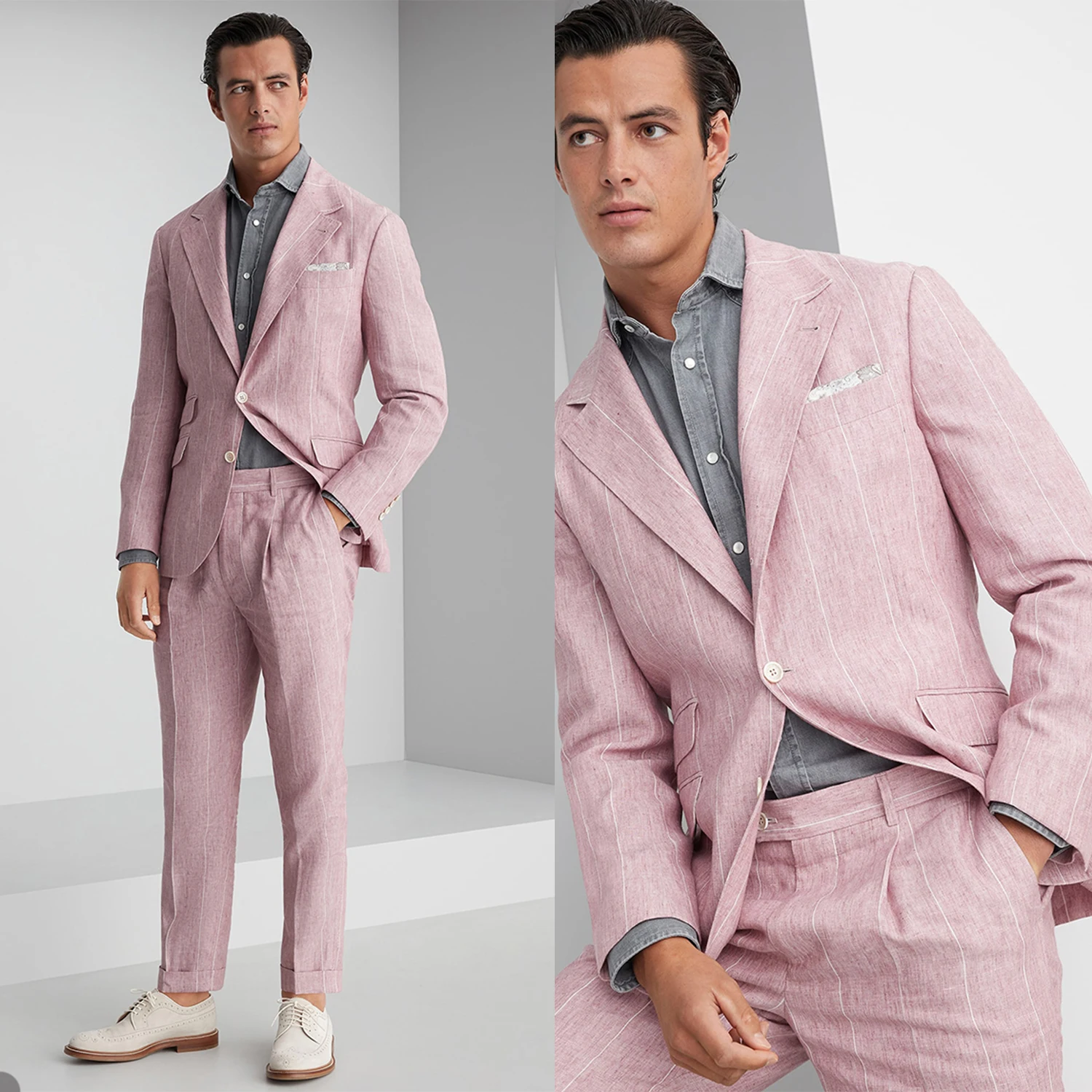 

Pink Striped Wedding Tuxedos Notched Lapel Ceremony Formal Groom Wear Party Birthday Pants Suits 2 Pieces costume homme mariage