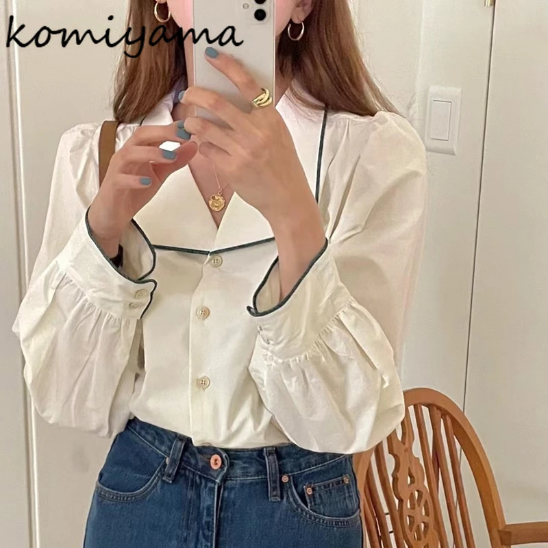 Komiyama Hit Color Bright Line Lapel Neck Blouse Fashion Tide Chic Long Puff Sleeve Shirts Autumn Blusas | - AliExpress
