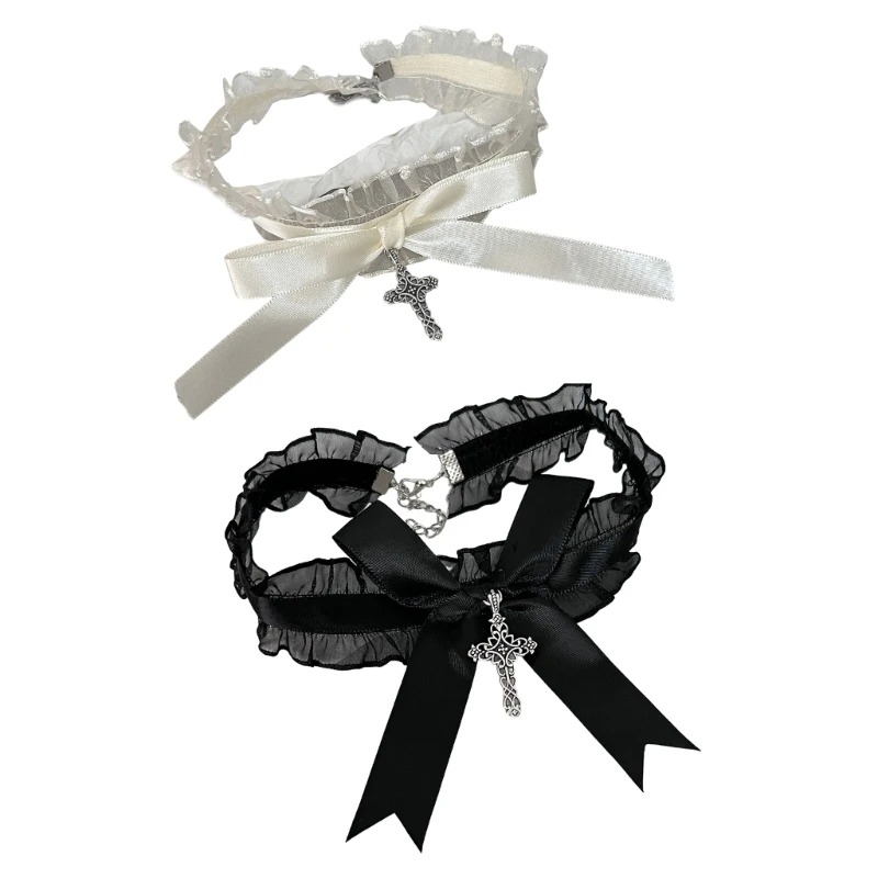 

Ruffle Lace Choker with Bowknot Crosses Pendant Punk Gothic Collar Neckwear F0T5