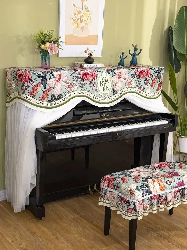 French Piano Case Chair Cover Cloth Set White Lace Electronic Piano Full Cover Elegant Floral Pastoral Upright Dust