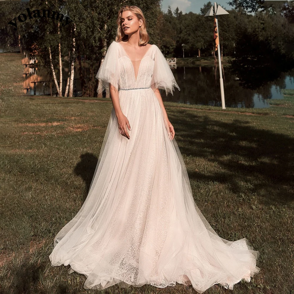 

YOLANMY A-Line Court Train Wedding Dresses For Bride Half Sleeve Modern Appliques Backless Zipper Scalloped Flare Sleeve