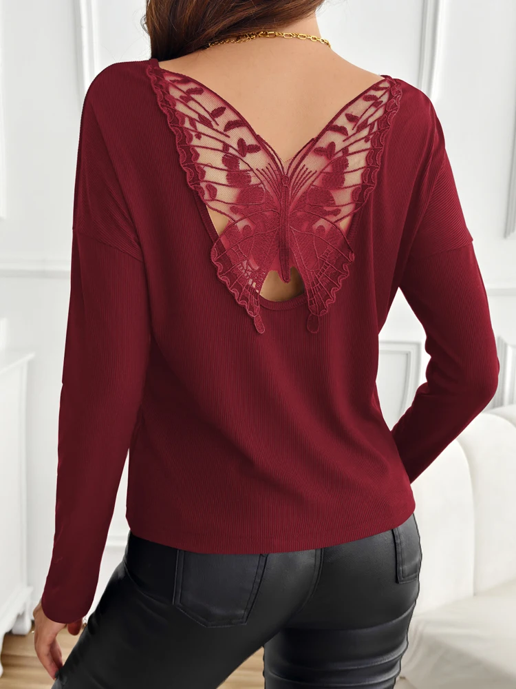 2026 New Hollow Back Lace Butterfly Splicing Long-sleeved Blouse Fashion Spring and Summer Solid Color Casual Round Neck Top