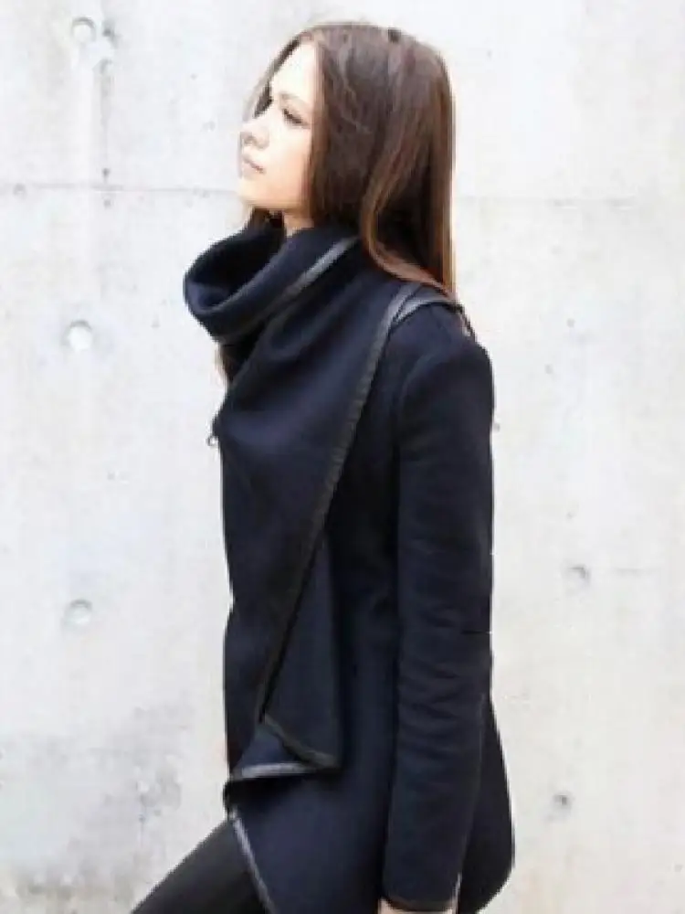 Onecozyday Female Black Asymmetric Jackets Split-Joint High-Neck Long Sleeves Coats For Women Spring and Autumn Outerwears