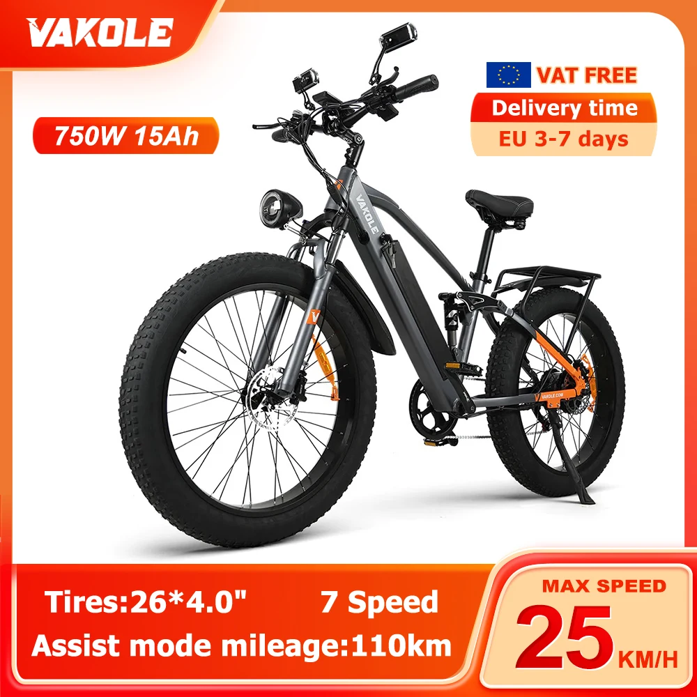 Vakole Co26 26 "750W Fat Bike Full Suspension E-Mountain Bike 48V 15Ah E-Mtb