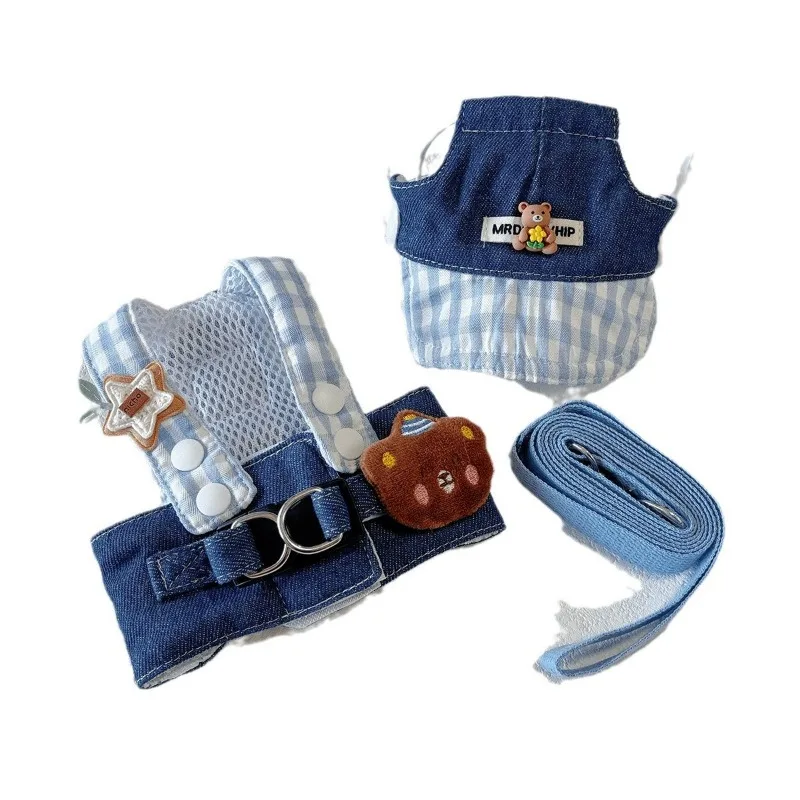 1/Set Dog Harness Leash Puppy Hat Cute Bear Plaid Stripe Harness Leash Rope Ins Style Dog Walking Small Supplies pet harness leash set pet harness set pet leash set