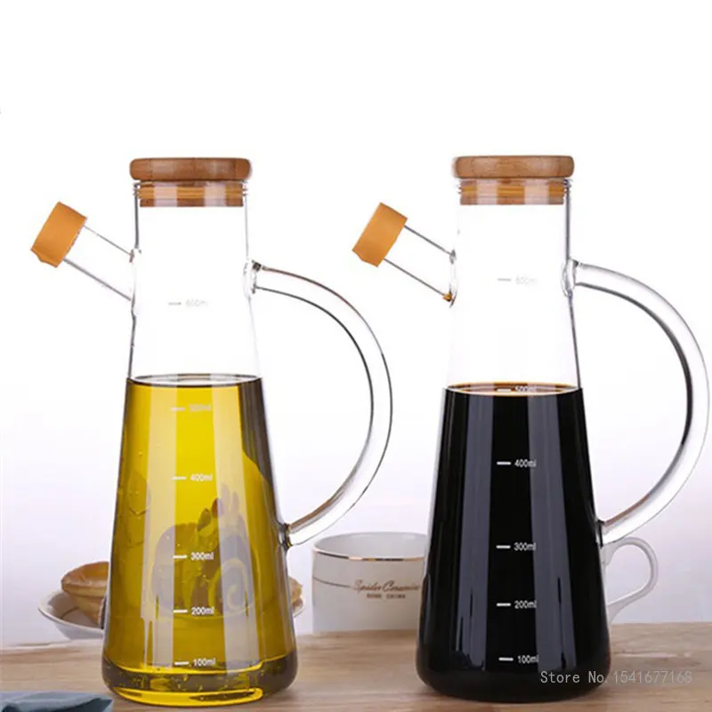 High Borosilicate Heat-Resistant Glass Oil Bottle Measuring Scale Leakproof Bamboo Cover Household vinegar soy sauce, Oil Bottle