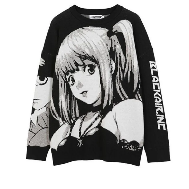 Mens Hip Hop Streetwear Harajuku Sweater Vintage Japanese Style Anime Girl Knitted Cotton Pullover Sweaters Male