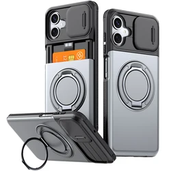 Durable Armor Case with Slide Lens Protector and Card Ring Holder Cover for Galaxy A27 (GRAY)