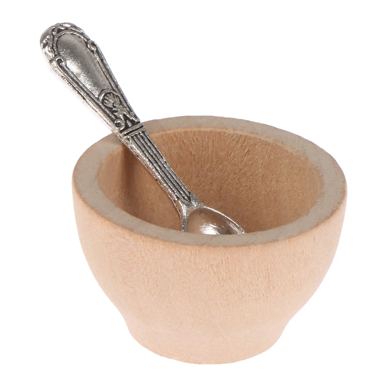 Wooden Bowl with Metal Spoon Dollhouse 6