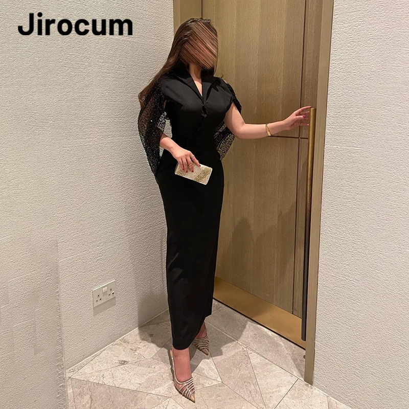 

Jirocum V Neck Sparkling Evening Gown Women's Black Mermaid Party Prom Gowns Ankle Length Saudi Arabia Formal Occasion Dress