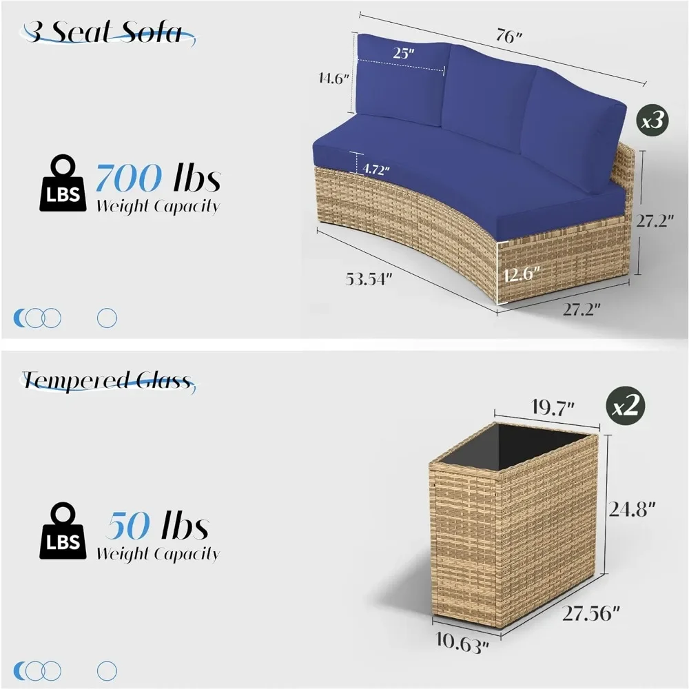 Furniture Sets, 3 Piece Half-Moon Sectional Round Sofa Set, Outdoor Patio Furniture with Cushions for Beach, Pool, Balcony 6