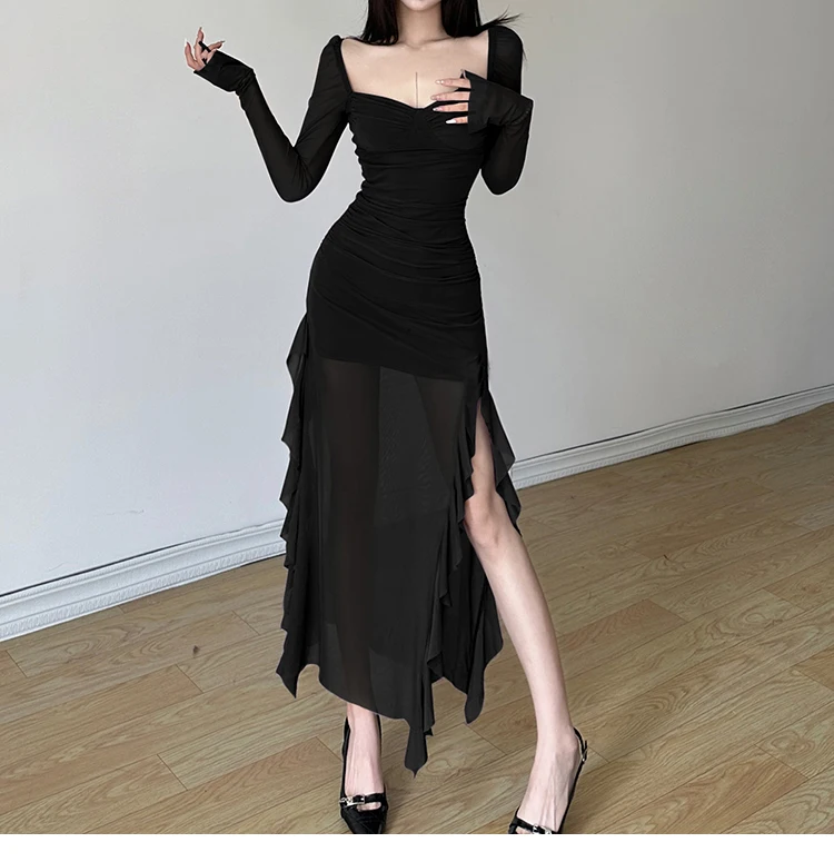 Sexy High Slit Bodycon Midi Dresses for Women Square Collar Long Sleeve Slim Evening Party Dress Club Prom Robe Y2K Vestidos New