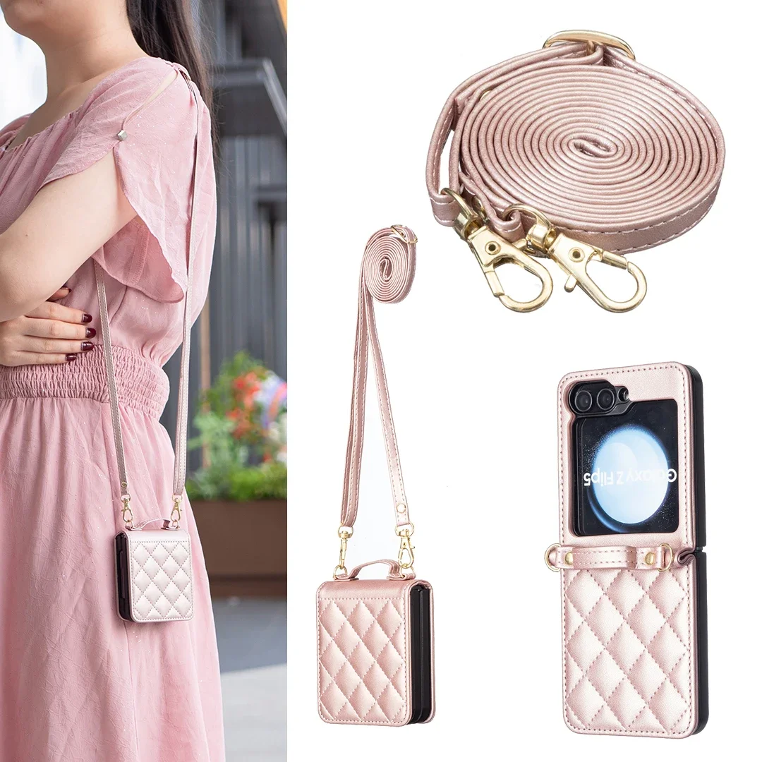 Elegant Diamond Leather Crossbody Case with Shoulder Strap - Slim Folding Cover
